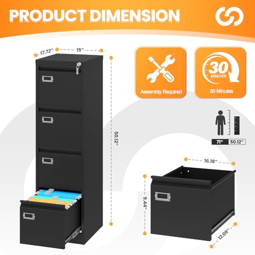 AFAIF 4 Drawer File Cabinet with Lock, Metal File Cabinets for Home Office,18" Deep Vertical Black Filing Cabinets Office Storage Cabinet for Letter/Legal / A4 / F4 Size, and File Folders