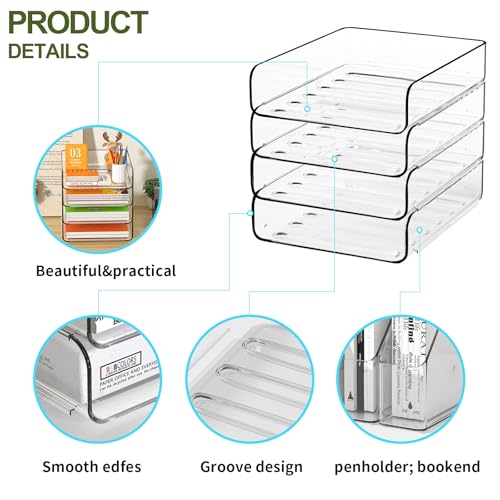 FANXIYQ 4-Tier Acrylic Paper Tray Organizer, Clear Stackable Desk File Organizer for Documents, Files, Letters, A4 Paper, Books, Notes, Mail & Paper Storage, Office Classroom Home