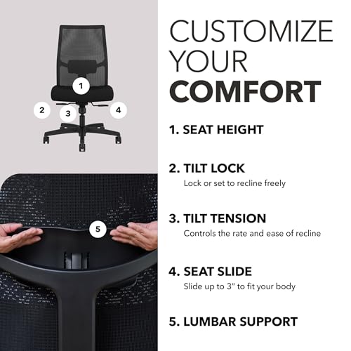 HON Ignition 2.0 Mid‑Back Armless Ergonomic Office Chair with Lumbar Support, Standard Synchro‑Tilt, Adjustable Arms, Mesh Desk Chair for Home Office, Black Frame, Black