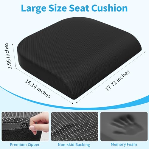 TranquilRelax Large Seat Cushion, Memory Foam Cushion for Long Sitting Hours on Office Chair, Car Seat, Non-Slip Chair Pad for Sciatica, Coccyx, Tailbone Pain Relief & Post-Surgery Recovery (Black)
