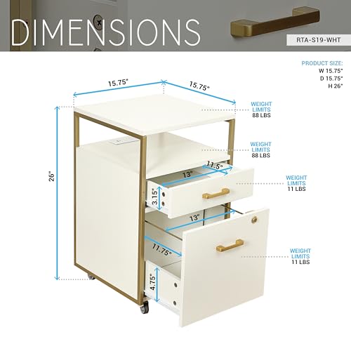 Modern 2-Drawer Rolling File Cabinet with Lock, 2 USB Ports and Power Outlet for Device Charging, Portable File Organizer or Printer Stand for Office or Home with Locking Wheels, White & Gold