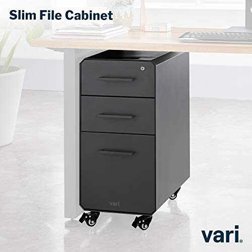 Vari Slim File Cabinet - Three Drawer Office Filing Cabinet, Modern Mobile Pedestal with Heavy-Duty Steel - Lockable Storage with Roll-and-Lock Caster Wheels - Home or Office - Charcoal Grey