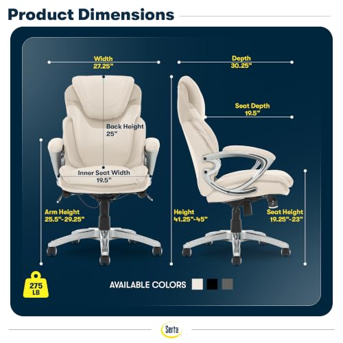 Serta Bryce Executive Office Chair - Ergonomic Computer DeskChair with Lumbar Technology - Adjustable Height - Memory Foam Body Pillows - 360° Swivel Rolling Base - Bonded Leather - Cream