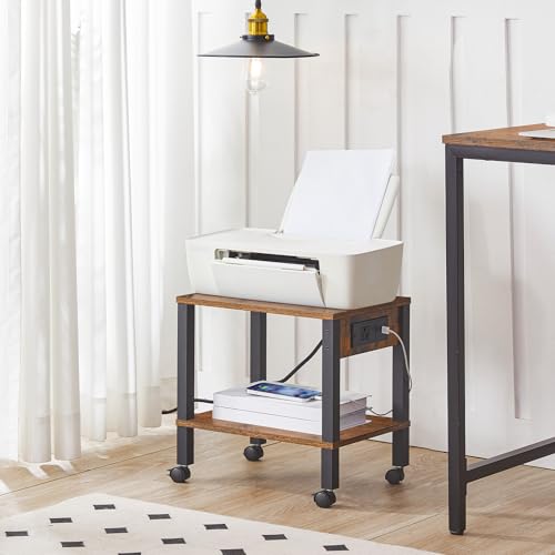 HOOBRO 2-Tier Printer Stand with Charging Station, Under Desk Printer Table, Printer Cart with Storage Shelves, Shelf for Small Spaces, for Home Office, Rustic Brown and Black BF38UPS01
