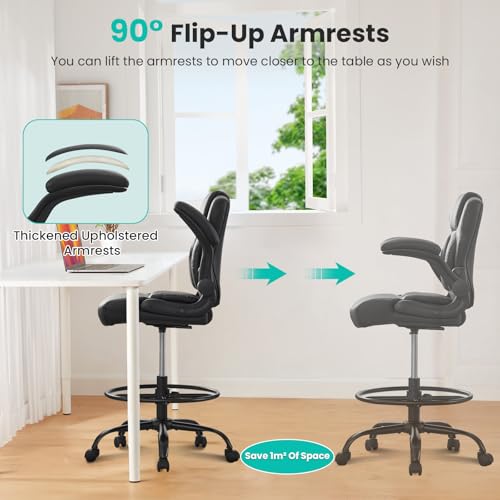 Drafting Chair, Tall Office Chair for Standing Desk, 500Lbs PU Leather Ergonomic Chair with 90 °Flip-up Armrests, Adjustable Foot Ring & Height, for Home, Drawing, or Counter Use(Black)
