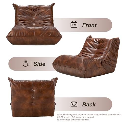 Hobestluk Giant Bean Bag Chair Lazy Floor Sofa, Memory Foam Fireside Sofa for Adults, Big Beanbag Faux Leather Armless Chair for Living Room Bedroom Dorm Office (Brown, Single)