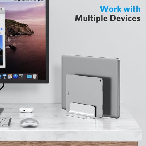 OMOTON Vertical Laptop Stand [Updated Double Version], Desktop Aluminum Mac Book Stand with Adjustable Dock Size, Fits All Mac Book, Surface, Chrome Book and Gaming Laptops (Up to 17.3 inch) (Silver)