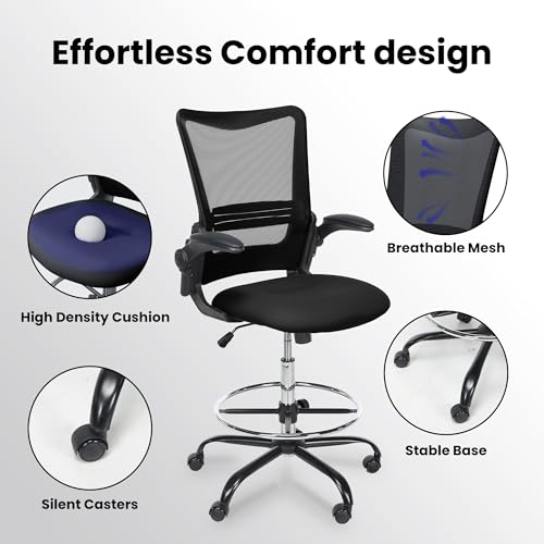 Drafting Chair Tall Office Chair for Standing Desk with Up & Down Flip-Up Armrest, 9” Adjustable Height High Desk Chair with Footrest Ring, 120° Recline Mesh Ergonomic Chair, 300 lbs