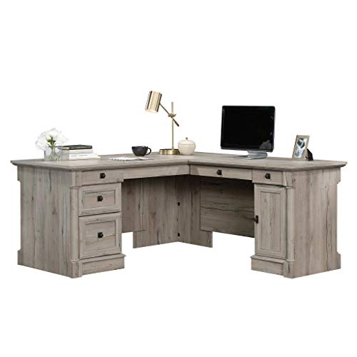 Sauder Palladia L Shaped Desk with Drawers, Office Desk with File Cabinet Storage, Cable Management, Keyboard Tray, in Split Oak finish