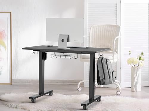 SHW 40-Inch Mobile Electric Height Adjustable Sit to Stand Desk with Drawer, Hanging Hooks and Cable Management, Black