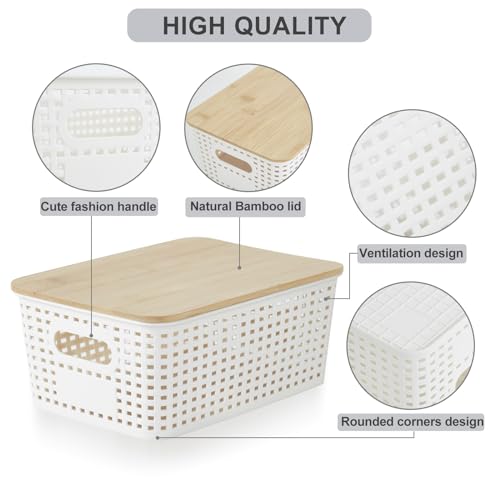 Bagnizer Small Plastic Storage Bins with Bamboo Lids 5.2qt Stackable Box Basket Pantry Decorative Containers Cute with Labels for Organizing Desktop Closet Office Cream White of 6 packs 10*7.2*4.1"