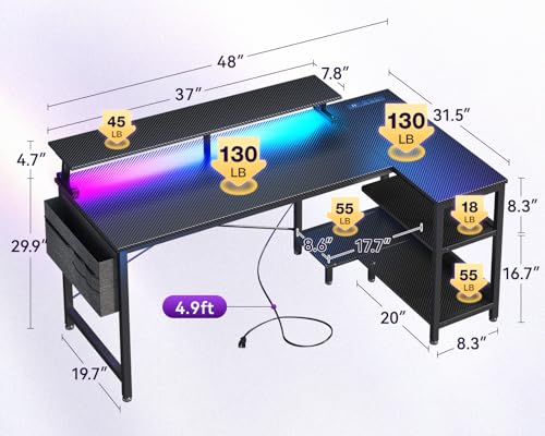 ODK 48 Inch Gaming Desk with USB Charging Ports and LED Lights, Reversible L Shaped Computer Desk with Storage Shelves & Monitor Stand, Corner Gamer Desk Table with Power Outlets, Black