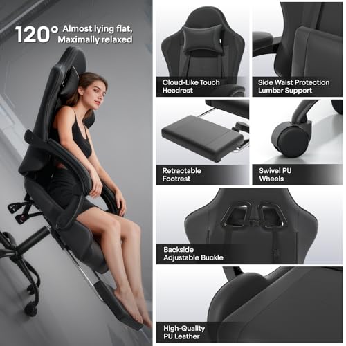 Athena Collection Ergonomic Gaming Chair with Footrest & Headrest Lumbar Support, Height Adjustable Swivel Office Chair Reclining Game Chair High Back Computer Chair for Adults, Carbon Fiber Black