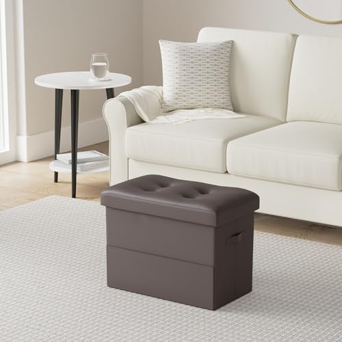BelugaHelper Storage Ottoman Foot Rest Stool, Foldable Leather Footstool Storage Bench with Thicker Foam Padded Seat. Foot Rest Under Desk for Living Room Bedroom 350 lbs, 17x13x13 in, Brown