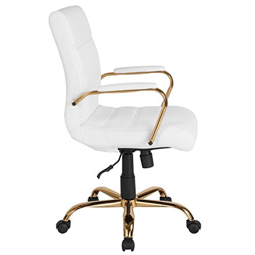 Flash Furniture Whitney Mid-Back Swivel LeatherSoft Desk Chair with Padded Seat and Armrests, Adjustable Height Padded Office Chair, White/Gold