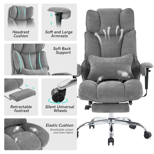 Efomao Executive Office Chair, Soft-Cushioned Computer Chair with Foot Rest, Fabric Home Office Desk Chairs, Big and Tall Office Chairs, Grey
