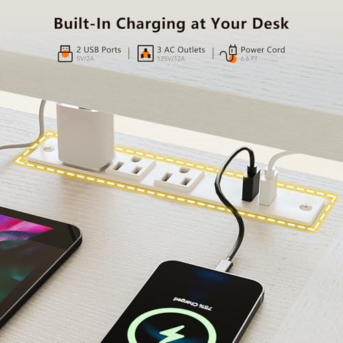 OffiGo U Shaped Electric Standing Desk with Keyboard Tray, 55 Inch Height Adjustable Desk with Power Outlets & LED Lights, Sit Stand Table with Monitor Stand for Home, Office, White
