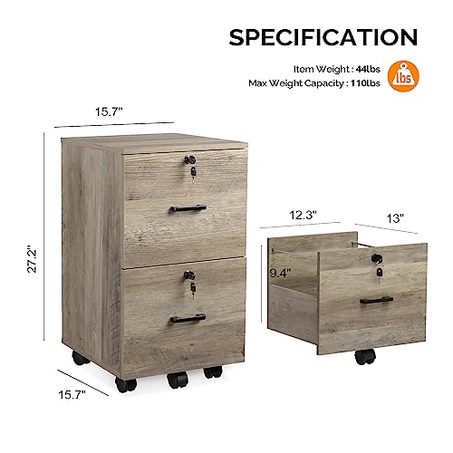 VINGLI 2 Drawer File Cabinet with Lock, Wood Rustic Gray Filing Cabinet for Letter Size File Folders with Tabs, Under Desk Rolling File Cabinets for Home Office, Mobile File Organization Printer Stand