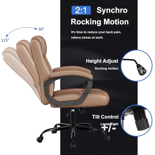 Misolant Office Chair, Executive Desk Chair, PU Leather Comfortable Ergonomic Chairs with Fixed Armrest, Adjustable Height, Rocking Function, 360° Swivel Wheels, Brown