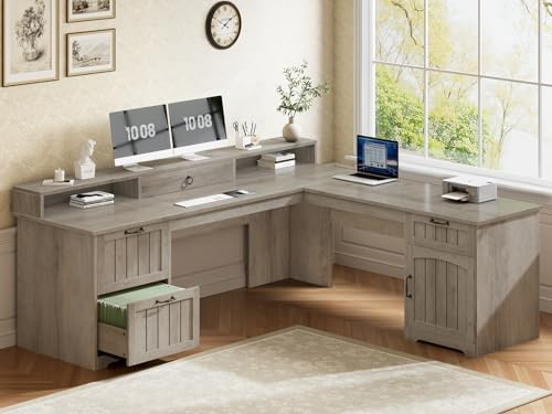 SEDETA 63" L Shaped Desk with Drawers, Farmhouse Corner Computer Desk, Wood Office Desk with File Drawers with Storage, Executive Desk with Monitor Stand and Storage Cabinet, Grey