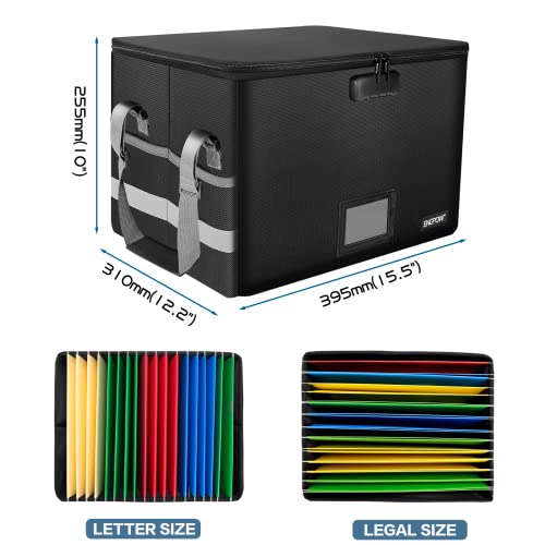 ENGPOW File Box with Lock,Fireproof Document Box with Zipper＆Pockets,Collapsible File Organizer Filing Storage Cabinet with Handle,Portable Home Office Safe for Hanging Letter/Legal Folder,Black