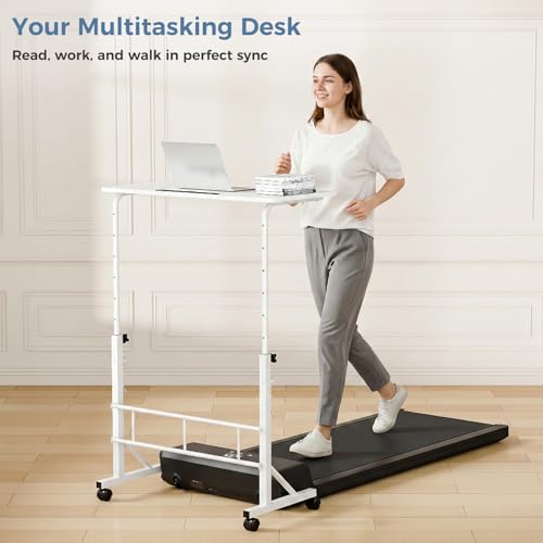 DUMOS 31.5" Adjustable Height Mobile Desk with Locking Wheels & Pin-Lock, Portable Workstation for Walking Pad & Active Home Office, Small Bedroom Desk, White