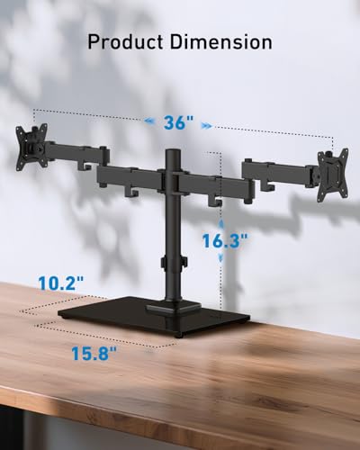HUANUO Freestanding Dual Monitor Stand, 32 Inch Dual Monitor Mount for 2 Screens, Holds up to 19.8 lbs per Arm, Gaming Monitor Arm Riser with Tempered-Glass Base, Tilt, Swivel, Rotation, Black