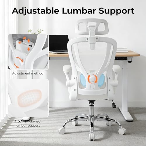 shipborne Office Chair Ergonomic Office Chair with Lumbar Support, Head Support, Rocking Function, FLIP-up Armrests, Mesh High Back Chair Home Office Desk Chair, Suitable for Home, Office, White