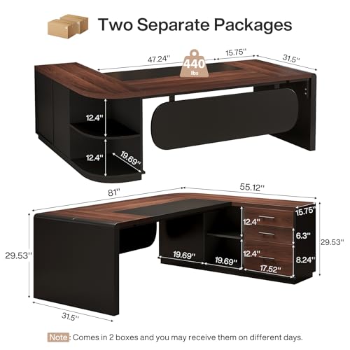 Tribesigns 81'' L-Shaped Executive Desk, Large Modern Office Desk with Drawers and File Cabinet for Home or Business Workspace, Computer Desk with Storage Shelves, Walnut & Black