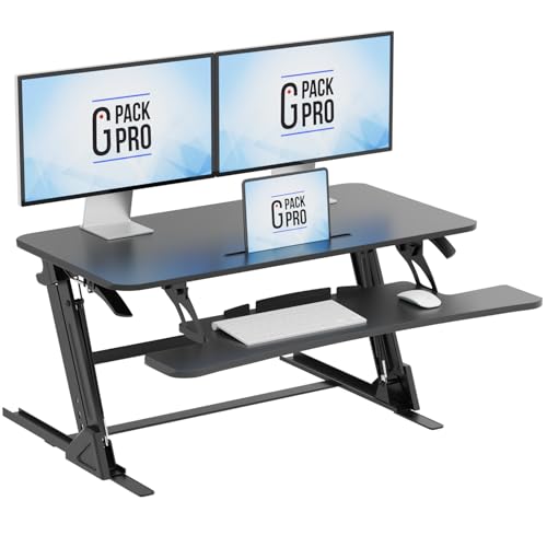 G-PACK PRO 38″ Wide Standing Desk Converter – Sit-to-Stand Workstation for Dual Monitors, Height Adjustable Up to 17.3″ with Large Keyboard Tray – Black