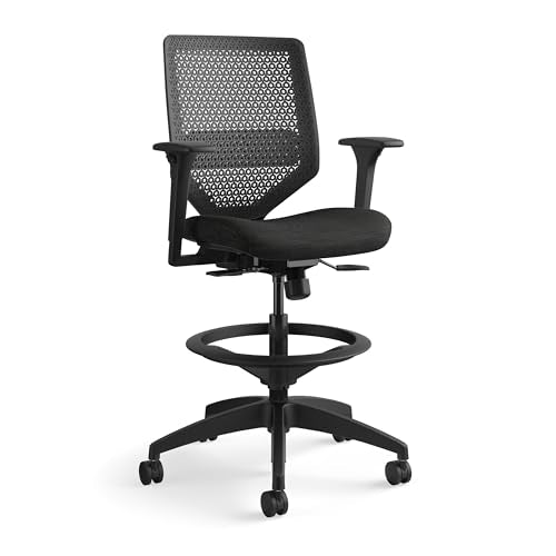 HON Solve Standing Desk Chair with Breathable ReActiv Mesh Back, Adjustable Lumbar Support and Footring, Ergonomic Task Stool with Height Adjustable Arms for Sit‑Stand Workstations, Black