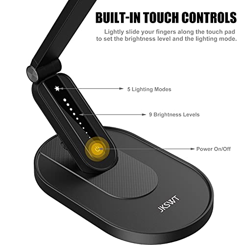 JKSWT LED Desk Lamp, Eye-Caring Table Lamps Natural Light Protects Eyes Dimmable Office Lamp with 5 Color Modes USB Charging Port Touch Control and Memory Function, 10W Reading Lamp,Black