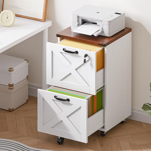 HOOBRO 2 Drawer File Cabinet with Lock, Under Desk Mobile Filing Cabinet for Home Office, Wooden Farmhouse Office Storage Cabinet, Printer Stand Fits Letter and A4 Size, Walnut and White WH66WJ01