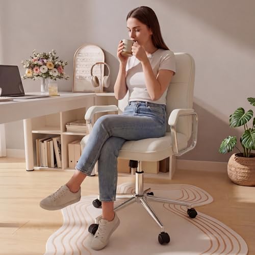HomeZeer White Office Chair, Mid Back Leather Desk Chair with Wheels and Padded Arms, Swivel Vanity Chair for Bedroom, Computer Chair for Study and Work