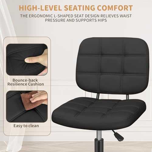 ERGOSEAT Armless Office Chair with Wheels, Small Desk Drafting Chair for Small Space, PU Leather Computer Task Chair, Height Adjustable Rolling Chair, Compact Chair for Home Office, Dorm, Vanity,Black