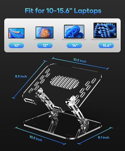 Lpoake Acrylic Laptop Stand for Desk, Adjustable Ergonomic Laptop Riser, Portable Foldable Computer Stand, Compatible with 10 to 15.6 Inches Notebook and MacBook, Clear