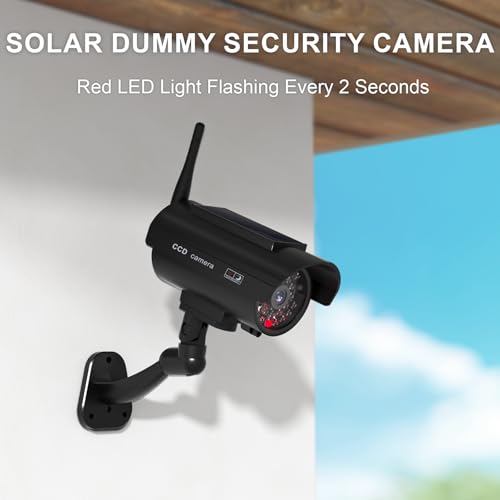 WALI Dummy Fake Camera, Solar Powered Fake Security Camera with LED Light, Simulated Surveillance Security CCTV Dome Cameras with Antenna and Warning Sticker Indoor Outdoor (SOL-TCB4), 4 Packs, Black