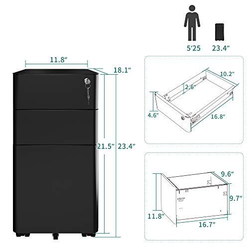 YITAHOME 3-Drawer Metal Filing Cabinet Office Drawers with Keys, Compact Slim Portable File Cabinet, Pre-Built Office Storage Solution for A4/Letter/Legal, Black
