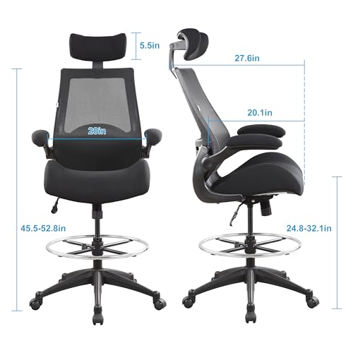 BOLISS Drafting Tall Office Chair 400lbs High Back Wide Standing Desk Chair Comfortable with Flip up Armrests Lumbar Support Adjustable Big Footrest Ring(Black)