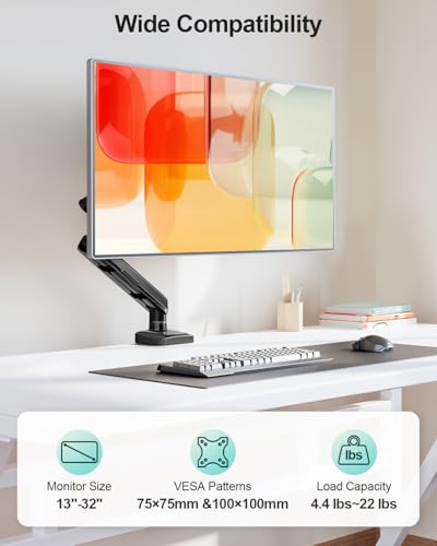 Single Monitor Desk Mount, 13-32 inch Adjustable Full Motion Monitor Arm, Computer Monitor Stand Holder with Clamp and Grommet Base, Fits 4.4 to 22lbs Screens, VESA Mount Bracket, Black, Freelift Pro
