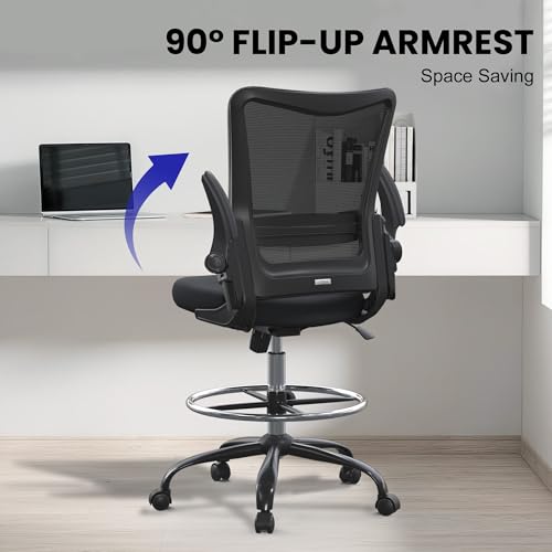 Drafting Chair Tall Office Chair for Standing Desk with Up & Down Flip-Up Armrest, 9” Adjustable Height High Desk Chair with Footrest Ring, 120° Recline Mesh Ergonomic Chair, 300 lbs