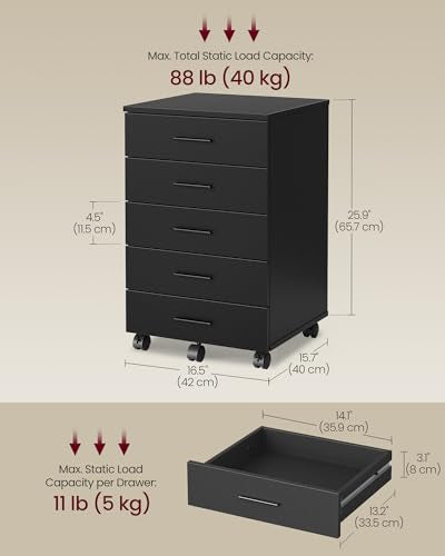 VASAGLE Custos Collection - File Cabinet, Mobile Pedestal Filing Cabinet with Wheels, Printer Stand with 5 Drawers, Tool-Free Sliding Rails, for Study, Home Office, Ink Black UOFC081BC01S