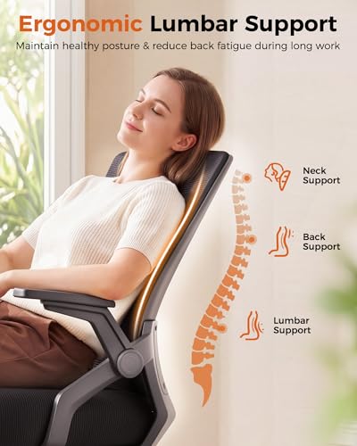 GTPLAYER Ergonomic Office Chair with Flip-up Armrests Executive Computer Chair for Home Office, Breathable Mesh & Comfy Lumbar Support, Black