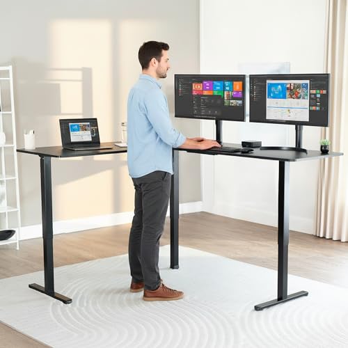 VIVO Corner Standing Desk, 75 x 63 inch Reversible L-Shaped Workstation, Electric Height Adjustment, Home, Office, and Reception Rooms, Black Table Top Black Frame, DESK-E3CTB-75