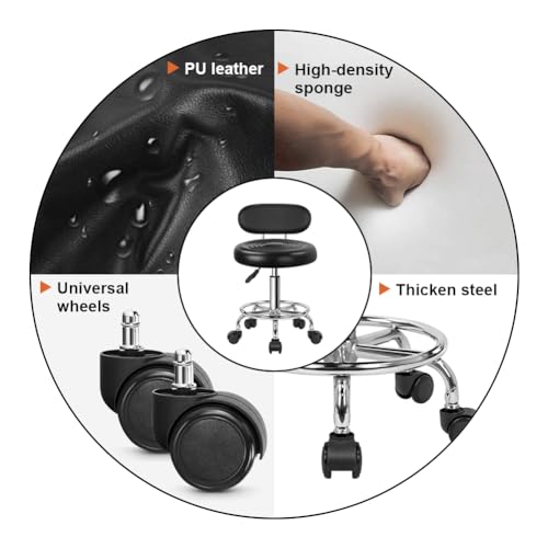 KKTONER PU Leather Modern Rolling Stool with Low Back Height Adjustable Work Salon Drafting Swivel Task Chair with Footrest (Black)