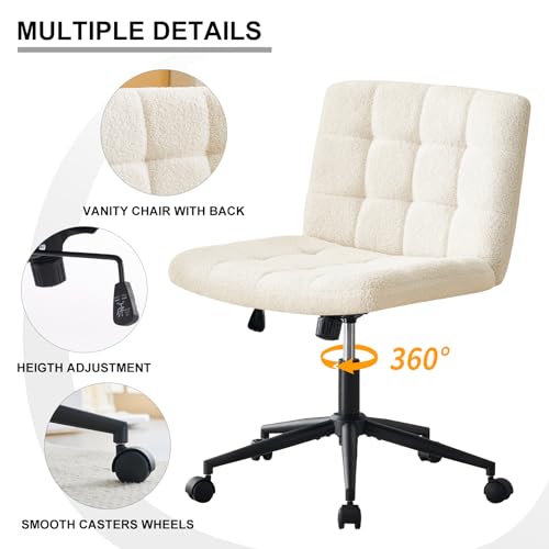 Furnimart Swivel Criss Cross Legged Chair with Wheels for Home Office, Wide Armless Desk Chair Height Adjustable Comfy Seat for Desk,Vanity, Bedroom, Faux Fur White