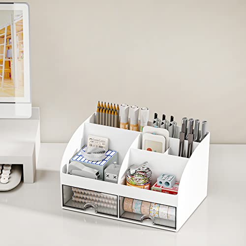 COMFYROOM Desk Organizer with 6 Compartments and 2 Drawers, Plastic Makeup Organizer, Pen Holder for Desktop Storage, Desk Organization for School, Home, Office Supplies (White)