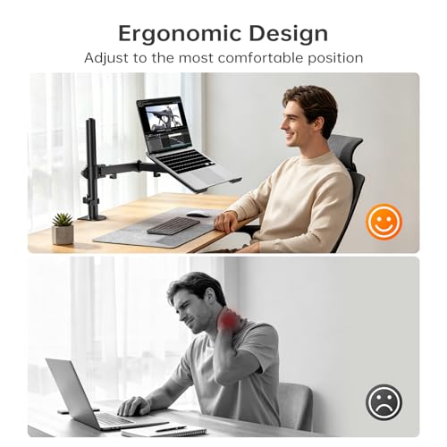 Afaloona Single Monitor and Laptop Mount for 13-32 Inch Screen or 11-17 Inch Notebook, Fully Adjustable Monitor Arm with Removable Vented Tray, Supports Up to 18 lbs, C-Clamp, VESA 75x75/100x100mm