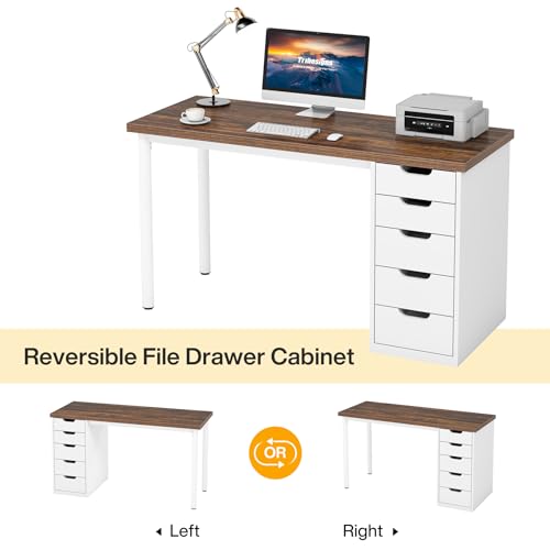 Tribesigns Computer Desk with 5 Drawers, 47 inches Rustic Brown Home Office Desk with Storage, Modern Simple Laptop Desk Study Writing Table for Small Spaces (1, Brown+White)