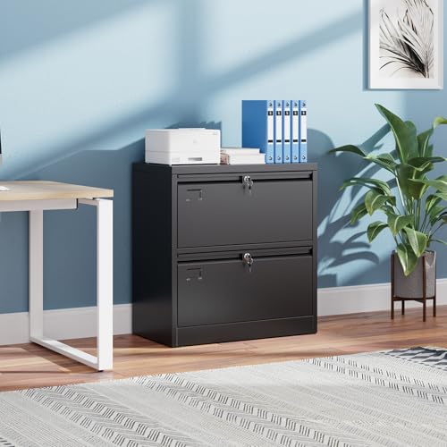 METAN 2 Drawer Lateral File Cabinet with Lock, Black Metal Lateral Filing Cabinet for Home Office, Steel Wide Filing Cabinet Legal/Letter/A4, 28.82" W x 15.75" D x 30.24" H, Assembly Required